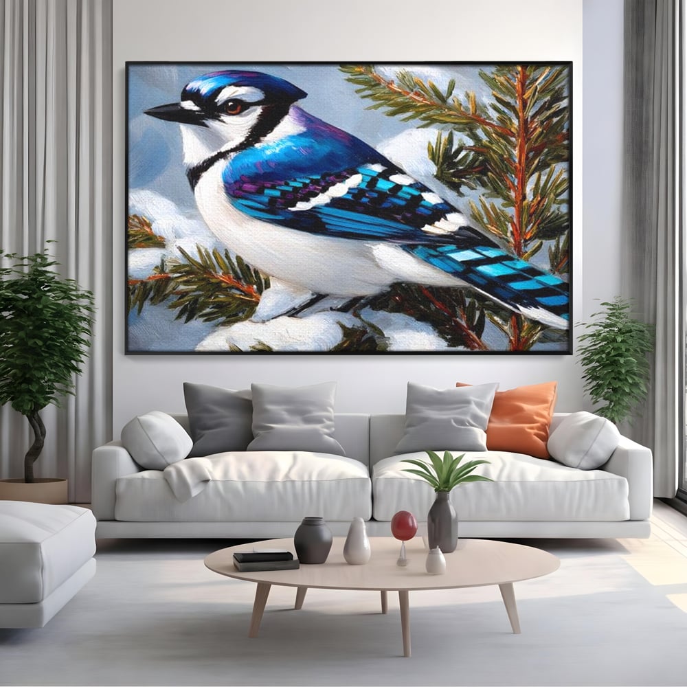 Tablou canvas cu tablou canvas cu o gaiet albastra pe creanga inzapezita, in rama de aluminiu negru, pe perete intr-un living